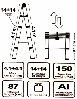 Стремянка телескопическая алюм. бытовая 4.1м (14+14 ступ.) Scheppach Sch-UP410-2