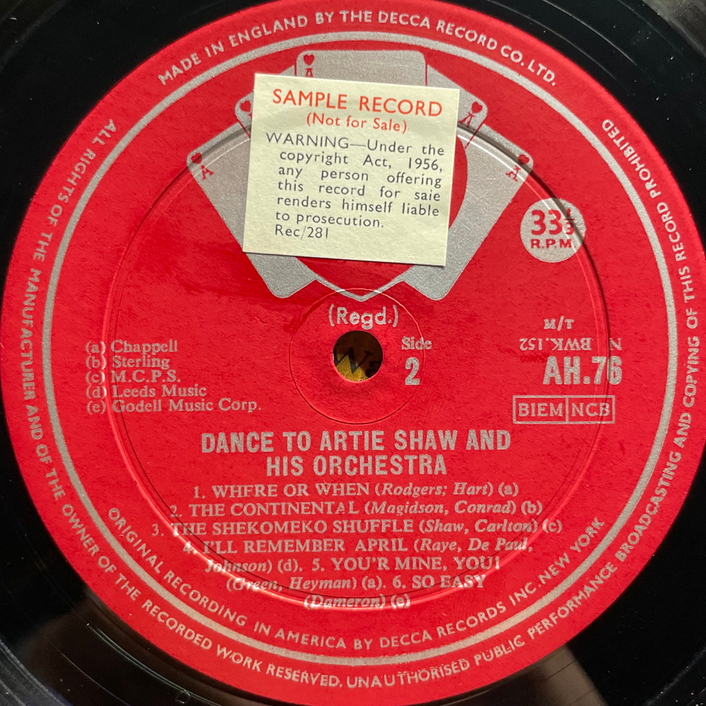 Artie Shaw And His Orchestra ‎– Dance To Artie Shaw And His Orchestra (Англия 1964г.)