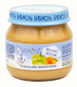 БИБИКОЛЬ фруктово-молочное пюре «Яблоко и персик с козьим молочком» гомогенизированное, стерилизованное, для питания детей с 6 мес. стекло 80гр., блок 6шт.
