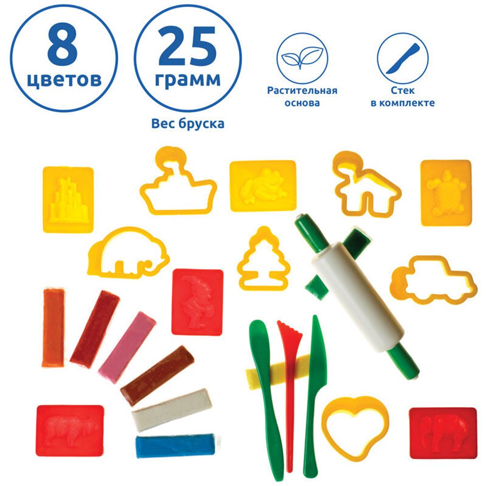 Пластилин JOVI (Испания), набор, 8 цветов, 200 г, 12 форм, 3 стека, скалка, пластиковый чемодан, 230