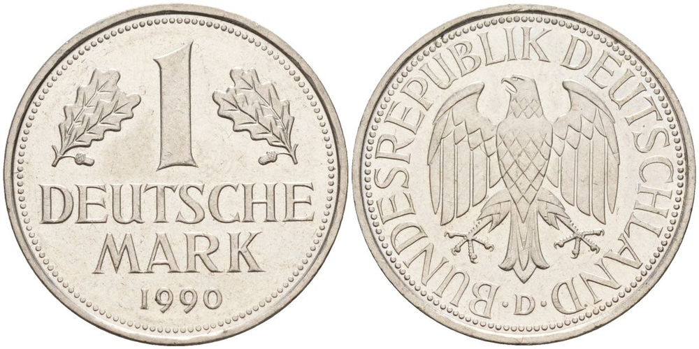 Германия - ФРГ 1 марка, 1990 D Орёл XF