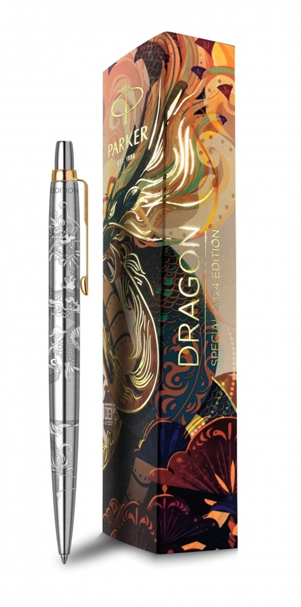 Шариковая ручка Parker Jotter Dragon Special Edition, цвет: St. Steel GT, стержень: Mblue в подарочной коробке