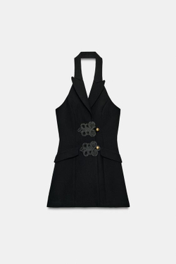 ZARA КОМБИНЕЗОН ХАЛТЕР С ДЕКОРАТИВНЫМИ ЗАСТЕЖКАМИ, ЧЕРНЫЙ