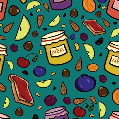 Мёд, джем, орехи и фрукты на бирюзовом фоне