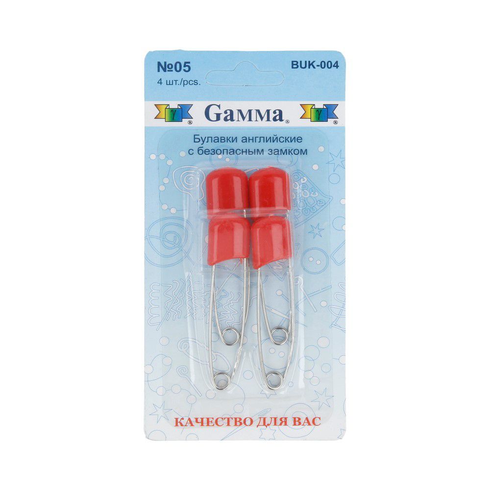 Булавки английские безопасные 53 мм, 4 шт, 05 красный, Gamma BUK-004