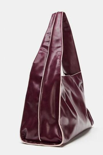 ZARA СУМКА-ШОПЕР С КОНТРАСТНОЙ СТРОЧКОЙ, БОРДОВО-КРАСНЫЙ
