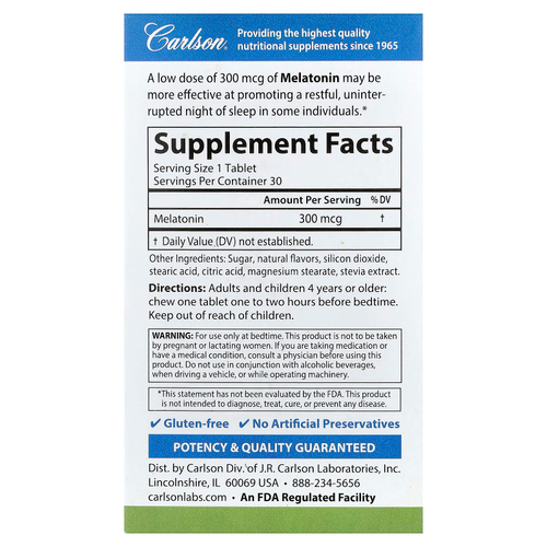 Carlson, Melatonin, Natural Strawberry Lemon, 300 mcg, 30 Tablets