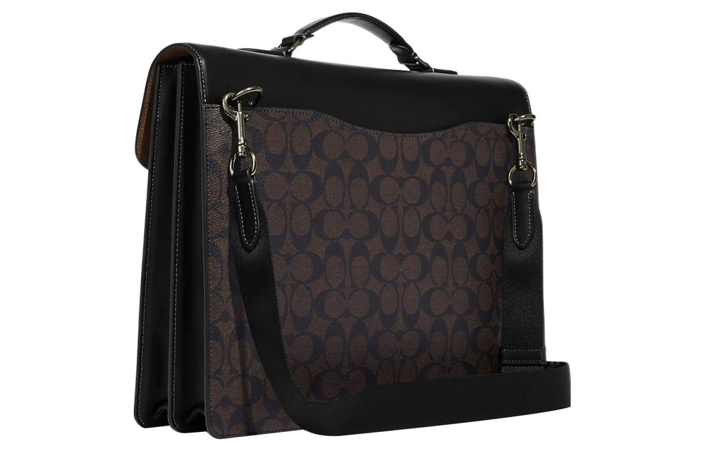 COACH Graham Coated Canvas With Calfskin Handbag Briefcase Large Men"s Black & Dark Khaki