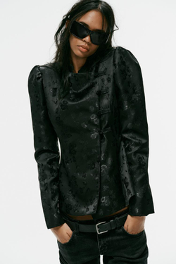 ZARA ЖАККАРДОВЫЙ БЛЕЙЗЕР С ЗАСТЕЖКАМИ НА ТЕСЬМУ, ЧЕРНЫЙ