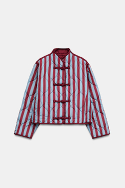 ZARA СТЕГАНАЯ КУРТКА В ПОЛОСКУ С ЗАСТЕЖКАМИ-АЛАМАРАМИ, НАСЫЩЕННЫЙ КРАСНЫЙ