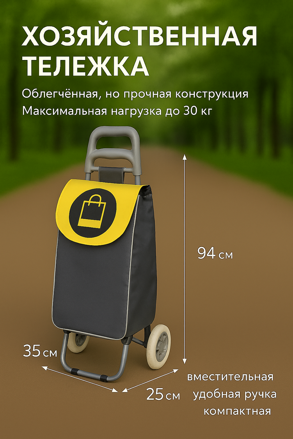 Тележка хозяйственная с сумкой (94*25*34см, колеса 16см,грузоподъемность до 30 кг.) серая BF-101A