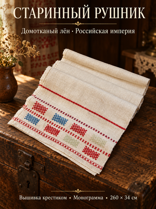 №7 Антикварный старинный рушник до 1917 года, ручная вышивка, домоткань лён, монограмма, вышивка крестиком