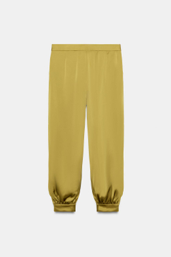 ZARA АТЛАСНЫЕ БРЮКИ-САРУЭЛЬ С АНИМАЛИСТИЧЕСКИМ ПРИНТОМ, ЦВЕТ ОЛИВКОВОГО МАСЛА