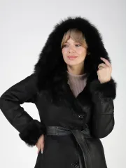 Дубленка зимняя натуральная с капюшоном длинная и теплая