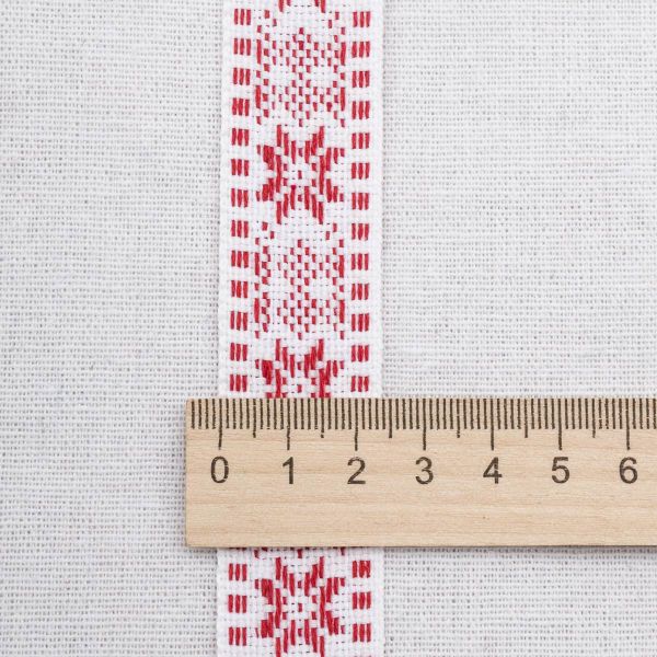 Лента (тесьма) жаккардовая 25.0 мм / 25±1 метров, х/б рис. 9875, белый/красный, С3885Г17