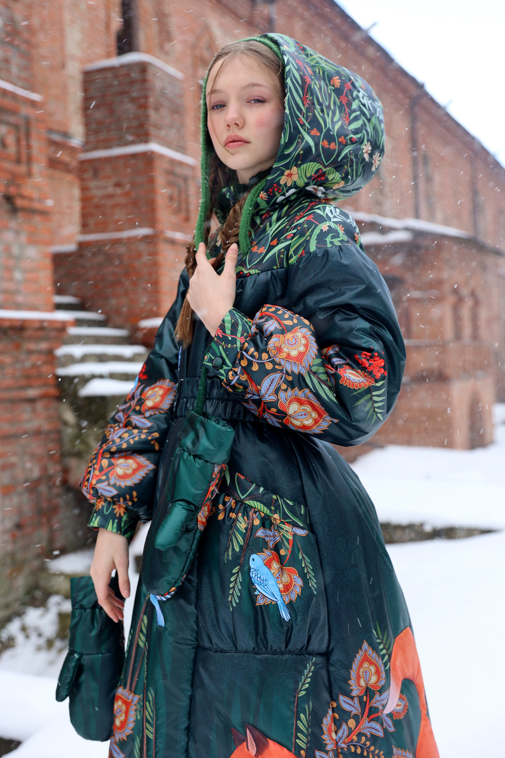Coat "Honey raf. Foxes in snowdrops"