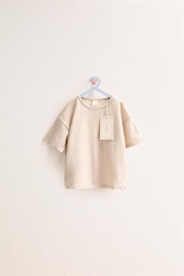 ZARA TIMELESS - ОДНОТОННАЯ ФУТБОЛКА ИЗ ХЛОПКА И ЛЬНА, СВЕТЛО-БЕЖЕВЫЙ