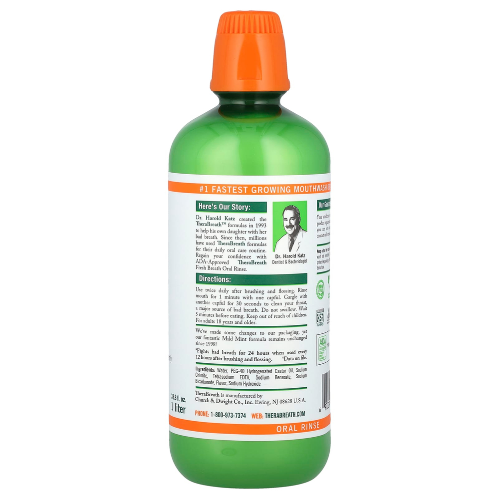 TheraBreath, Ополаскиватель для полости рта Fresh Breath, мягкая мята, 1 л (33,8 жидк. унц.)