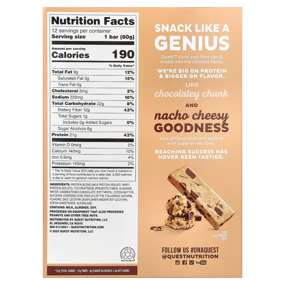 Quest Nutrition, Протеиновый батончик, шоколадная крошка, песочное тесто, 12 штук, 2,12 унц. (60 г) каждый