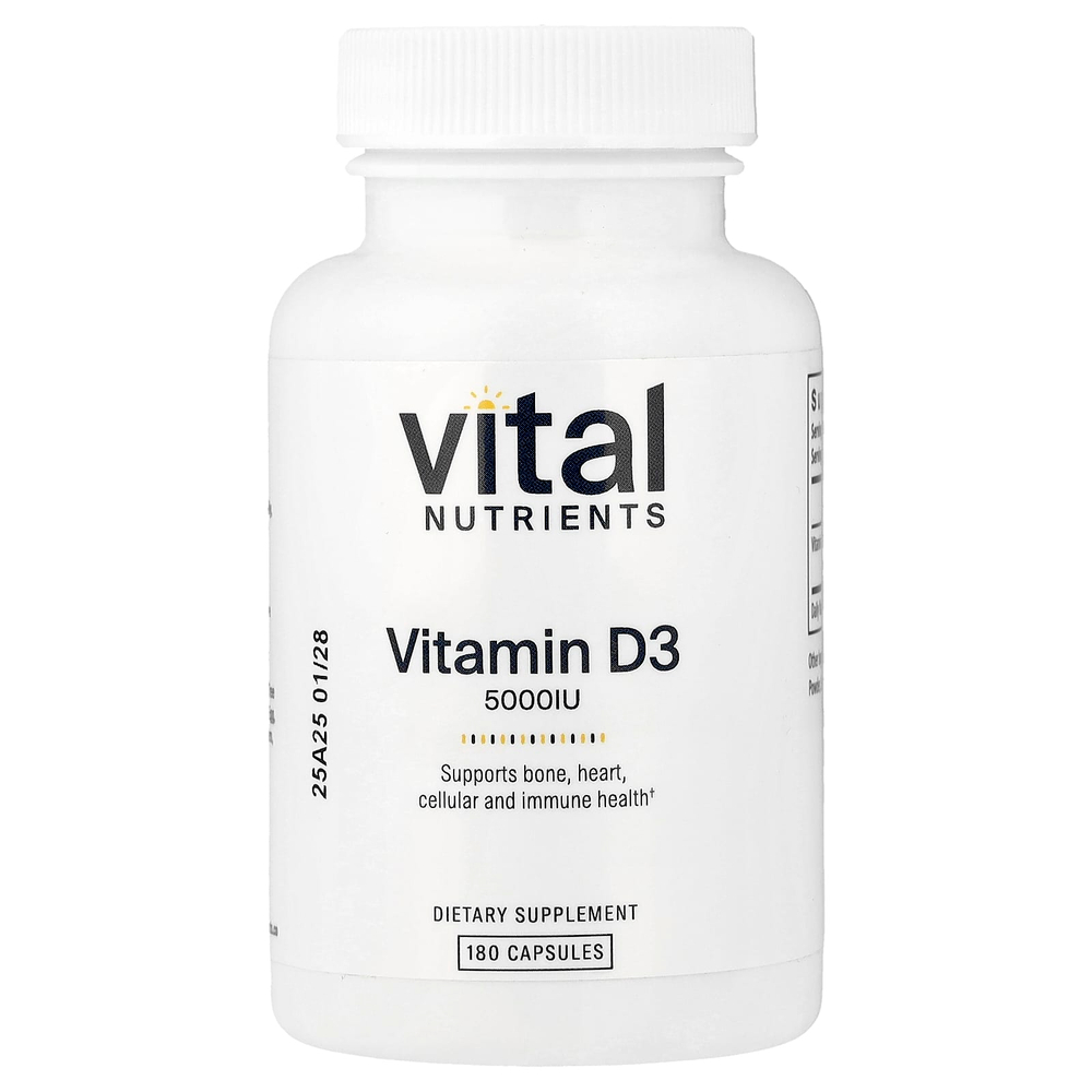 Vital Nutrients, Витамин D3, 5000 МЕ, 180 вегетарианских капсул