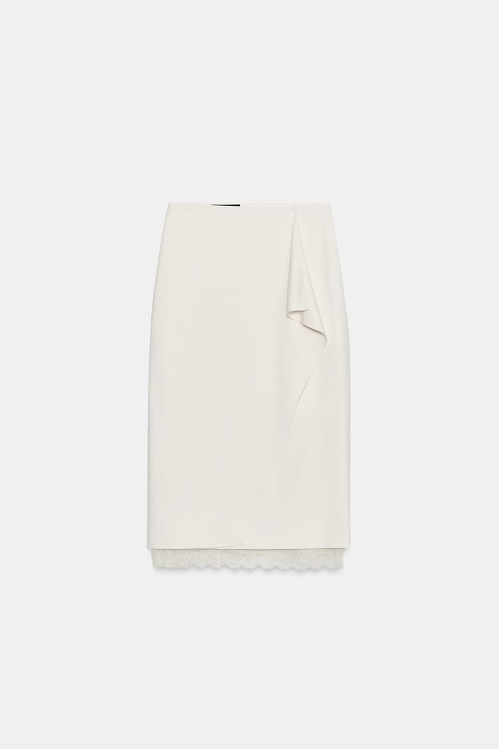 ZARA ЮБКА МИДИ НА ЗАПÁХЕ С КРУЖЕВОМ, ЖЕЛТОВАТО-БЕЛЫЙ