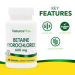 NaturesPlus, Бетаин гидрохлорид (Betaine Hydrochloride), 600 мг, 90 таблеток