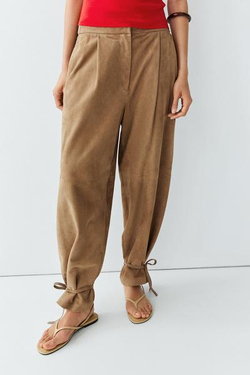 Massimo Dutti Брюки из замшевой кожи с завязками по низу, зеленый