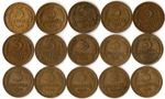 Набор 15 монет 3 копейки ранний СССР 1931, 32, 36, 38, 41, 46, 48, 49, 50, 52, 53, 54, 55, 56, 57 гг.