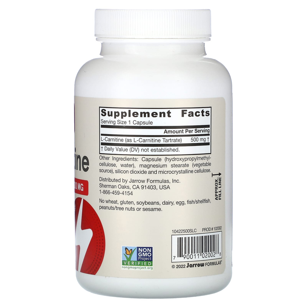 Jarrow Formulas, L-карнитин 500, 500 мг, 100 вегетарианских капсул