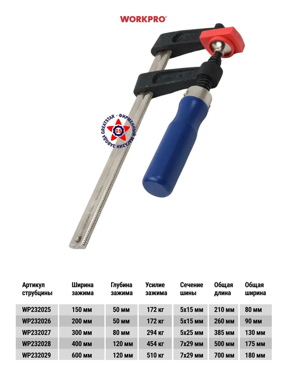 Струбцина F-образная 600мм WORKPRO WP232029