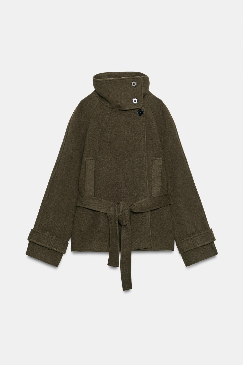 ZARA ПАЛЬТО С ВЫСОКИМ ВОРОТНИКОМ И ПОЯСОМ, ХАКИ