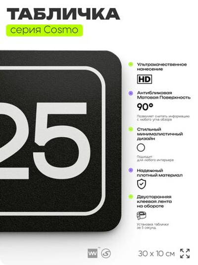 Таблички с номером аудитории "Аудитория №25", для офиса, 30 х 10 см, серия COSMO 3010, черная, Айдентика Технолоджи