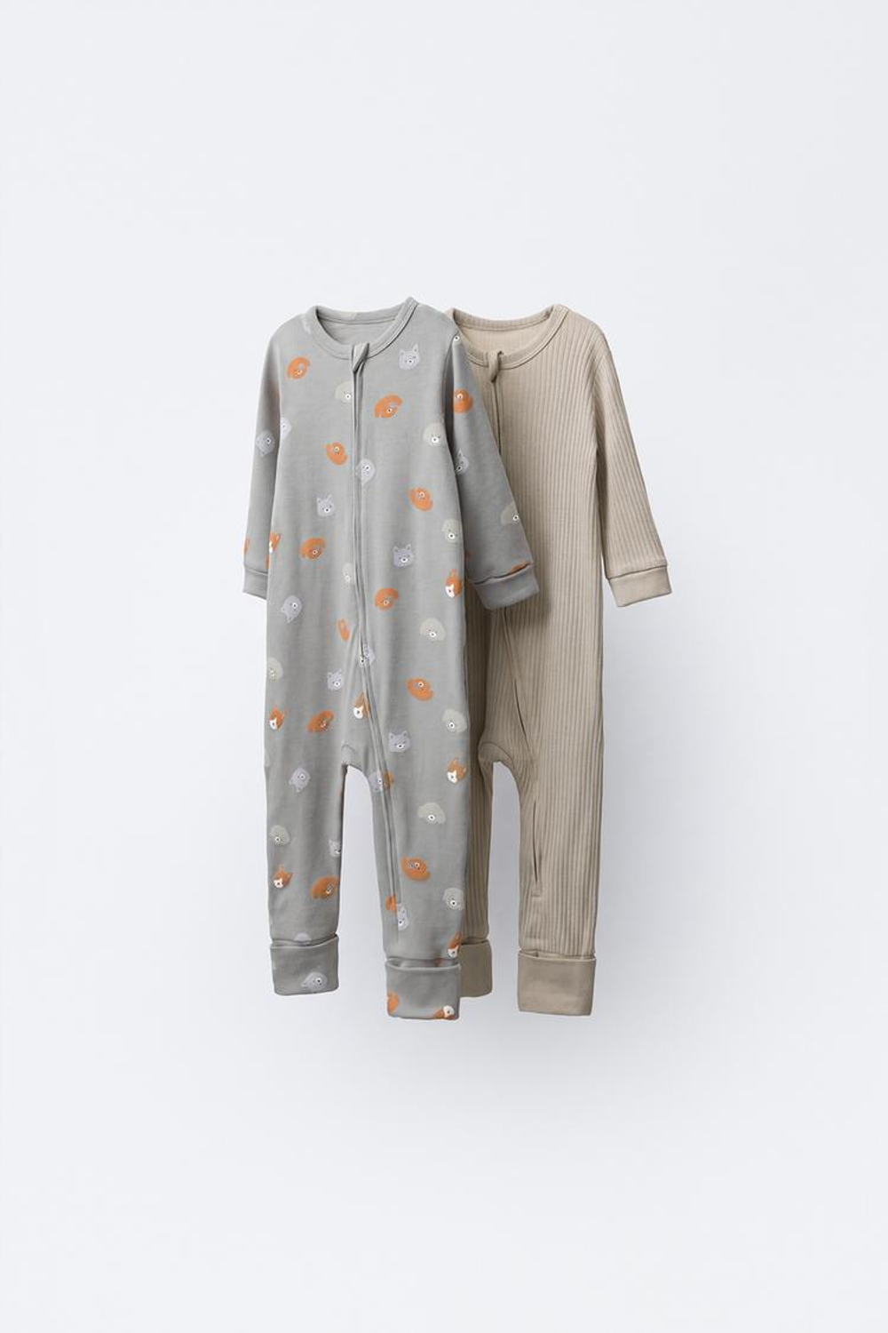 ZARA НАБОР ИЗ 2 ПИЖАМ СО СКЛАДНЫМИ НОЖКАМИ И ЖИВОТНЫМИ, СЕРЫЙ/НЕЖНО-КОРИЧНЕВЫЙ