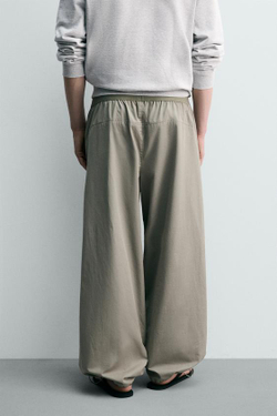ZARA БРЮКИ-ПАРАШЮТ RELAXED FIT, СВЕТЛЫЙ ХАКИ