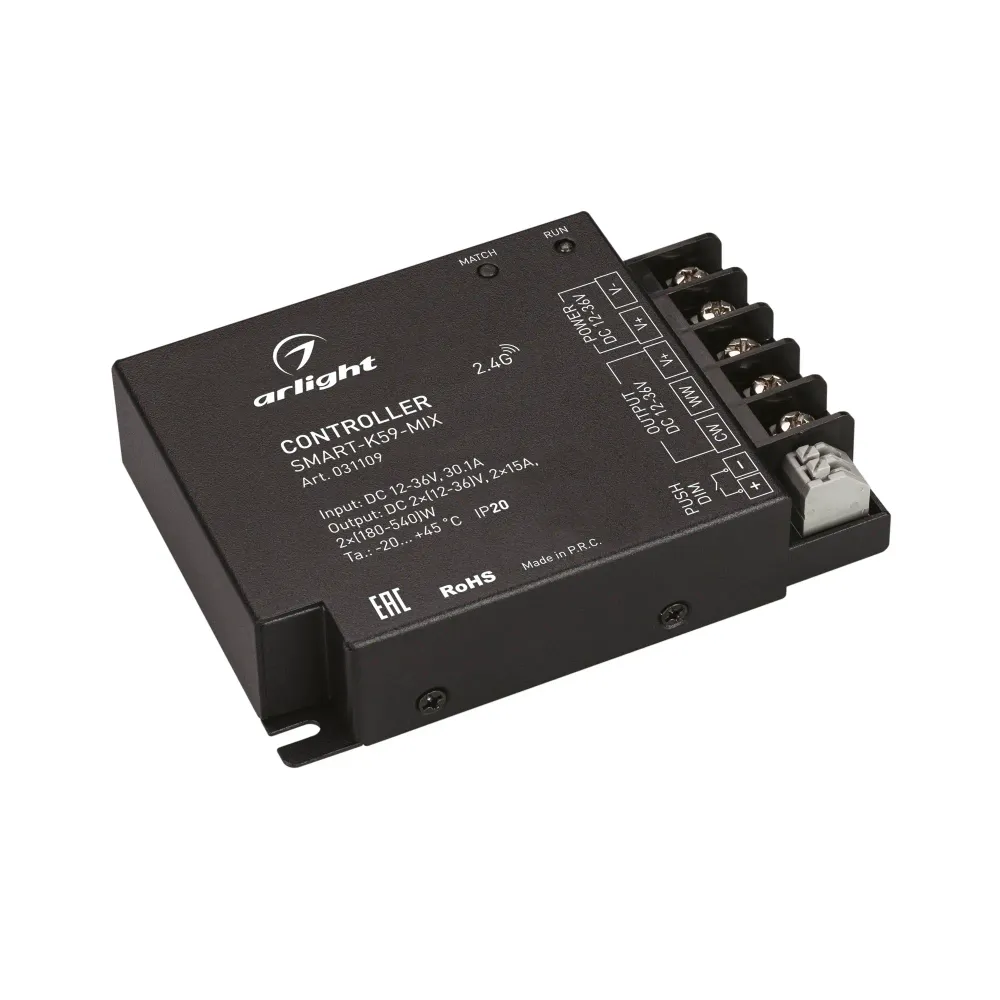 Контроллер SMART-K59-MIX (12-36V, 2x15A, 2.4G) (Arlight, IP20 Металл, 5 лет) Контроллер SMART-K59-MIX (12-36V, 2x15A, 2.4G) (Arlight, IP20 Металл, 5 лет)