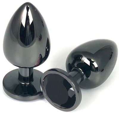 Черная металлическая анальная пробка с черным стразом - 9 см. (Цвет: черный)
