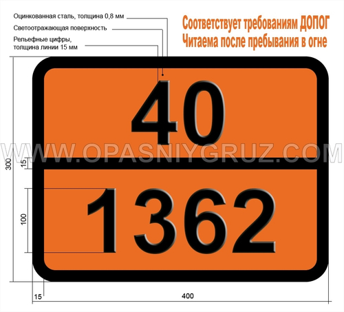 Табличка Опасный груз 40-1362 УГОЛЬ АКТИВИРОВАННЫЙ
