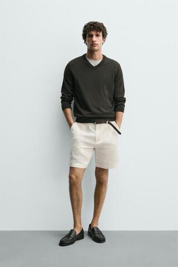 ZARA БЕРМУДЫ ИЗ 100% ЛЬНА КЛАССИЧЕСКОГО КРОЯ, БЕЛЫЙ