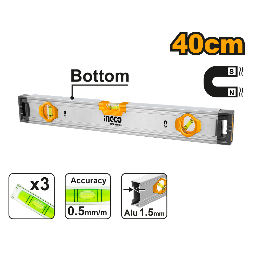 Строительный алюминиевый уровень магнитный INGCO HSL38040M INDUSTRIAL 40 см Строительный алюминиевый уровень магнитный INGCO HSL38040M INDUSTRIAL 40 см