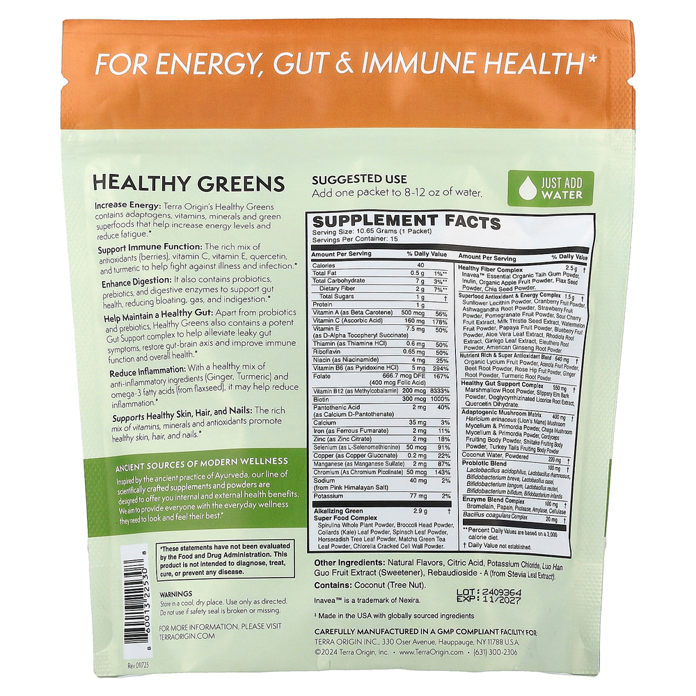 Terra Origin, Healthy Greens, тропическая маракуйя, 15 пакетиков On the Go, 10,65 г (0,38 унции) каждый
