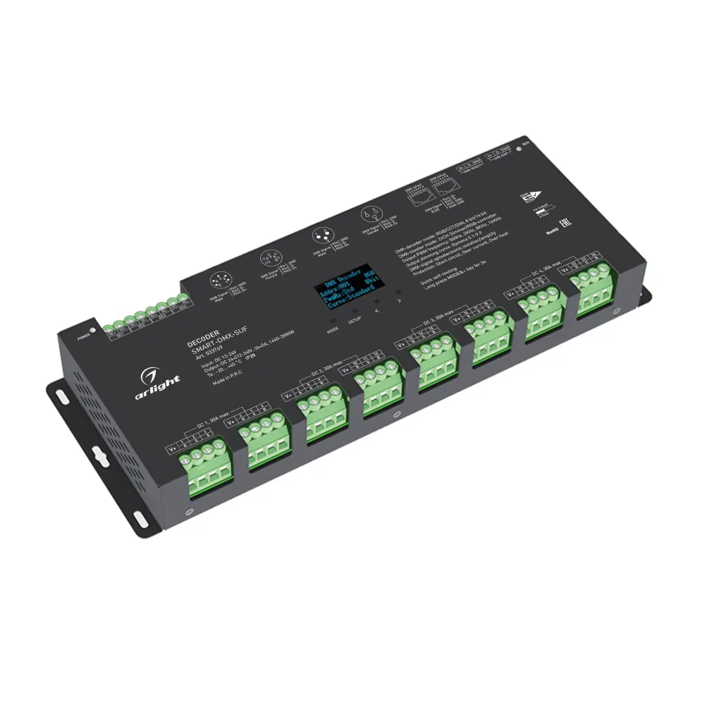 Декодер SMART-DMX-SUF (12-24V, 24x5A, XLR3, RJ45) (Arlight, IP20 Металл, 5 лет) Декодер SMART-DMX-SUF (12-24V, 24x5A, XLR3, RJ45) (Arlight, IP20 Металл, 5 лет)