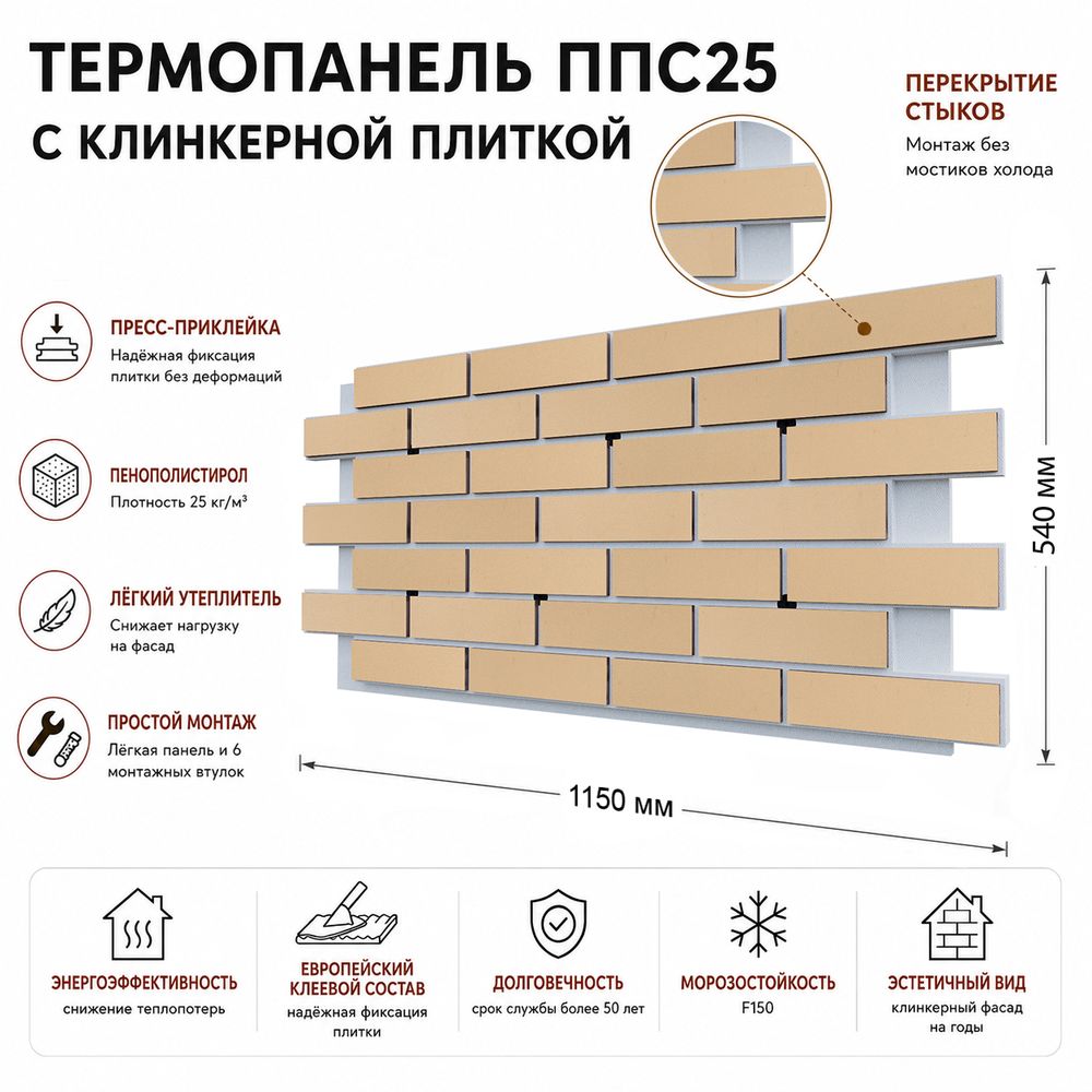 Клинкерная фасадная термопанель ППС25 Cerrad Krem Gladka 1150x540