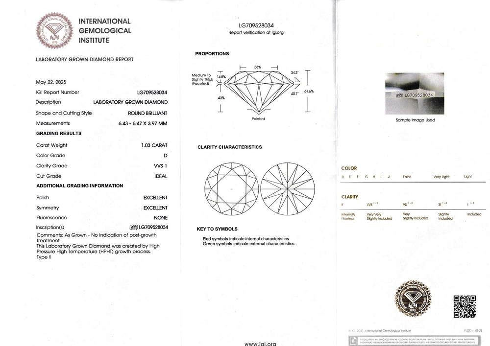 Лабораторно-выращенный бриллиант Кр-57 6.43-6.47 мм D/VVS1 1.03ct