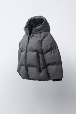 ZARA СТЕГАНОЕ ПАЛЬТО WATER REPELLENT С КАПЮШОНОМ, АНТРАЦИТОВО-СЕРЫЙ