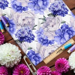 Ткань бязь белые и синие пионы на белом фоне