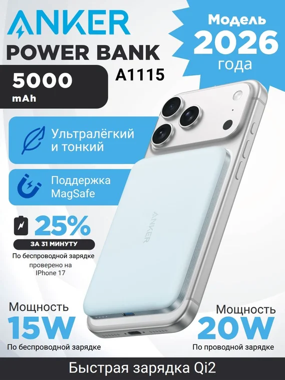 Повербанк Anker с MagSafe и быстрой зарядкой Qi2 15 Вт 5000mAh, ультратонкий, 20W синий (powerbank) для iPhone внешний аккумулятор