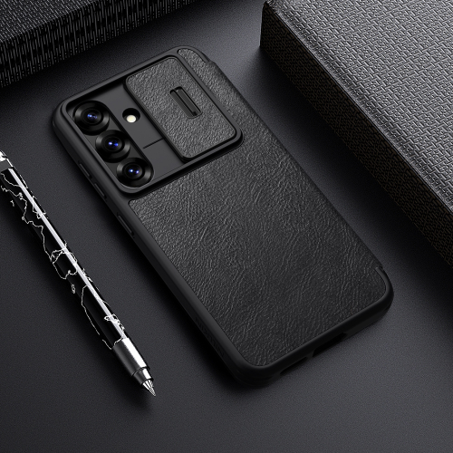 Кожаный чехол книжка черного цвета от Nillkin для смартфона Samsung Galaxy S25+, серия Qin Pro Leather с сдвижной защитной шторкой для камеры