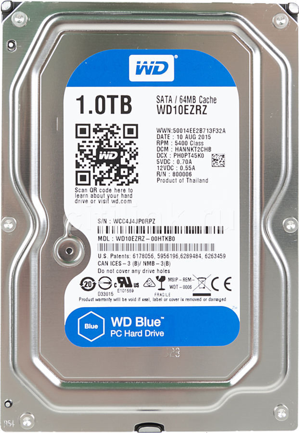 Внутренний HDD 3.5" Western Digital Blue EZRZ, 1Тб, SATA3, Bulk, Чтение:150мб/с, Запись:150мб/с, 5400об/мин, Буфер:64Мб (WD10EZRZ)