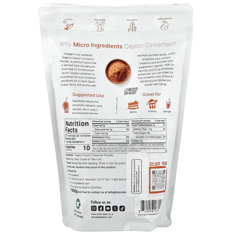 Micro Ingredients, Порошок органической цейлонской корицы, 454 г (1 фунт)