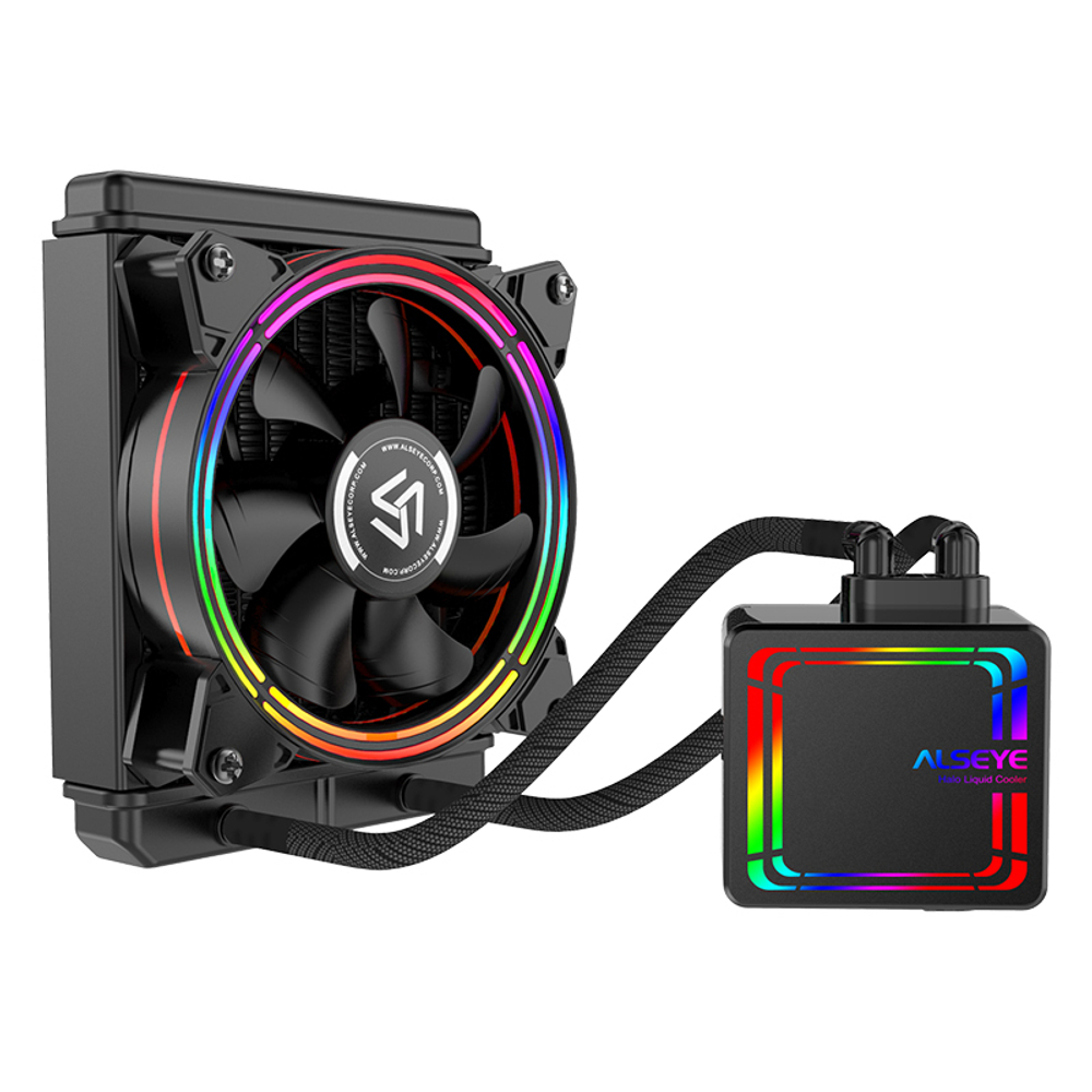 Жидкостное охлаждение Alseye H120, 1х120мм, 800~2000rpm, 4-pin, Al, черный/RGB, 1 секция, 45.2CFM, 35.2дБ, INTEL 1200/115x/775/2066/2011/1366, AMD AM5/AM4/AM3(+)/AM2(+)FM1 (AS.02.02.0018)